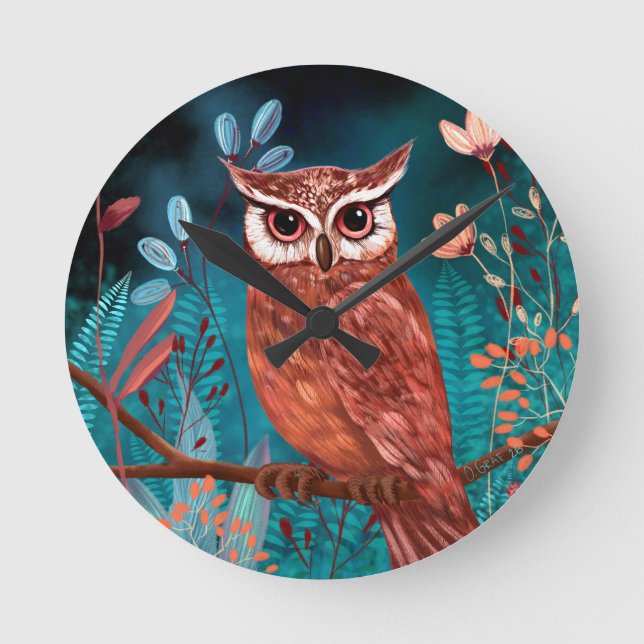 Vom Künstler handillustrierte Eule – Boho Natur Round Clock (Front)