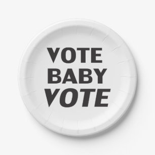 "vote baby vote" black white paper plate