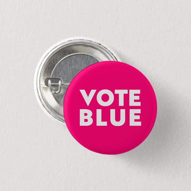 Vote Blue, white, hot pink, magenta pin button (Front & Back)