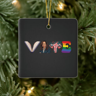 VOTE Books Uterus LGBT Kamala Harris Walz Election Ceramic Ornament