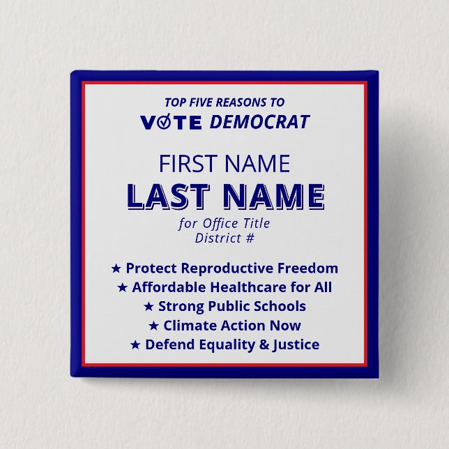 Vote Candidate Name 2026 Simple Democrat Platform 15 Cm Square Badge (Front)