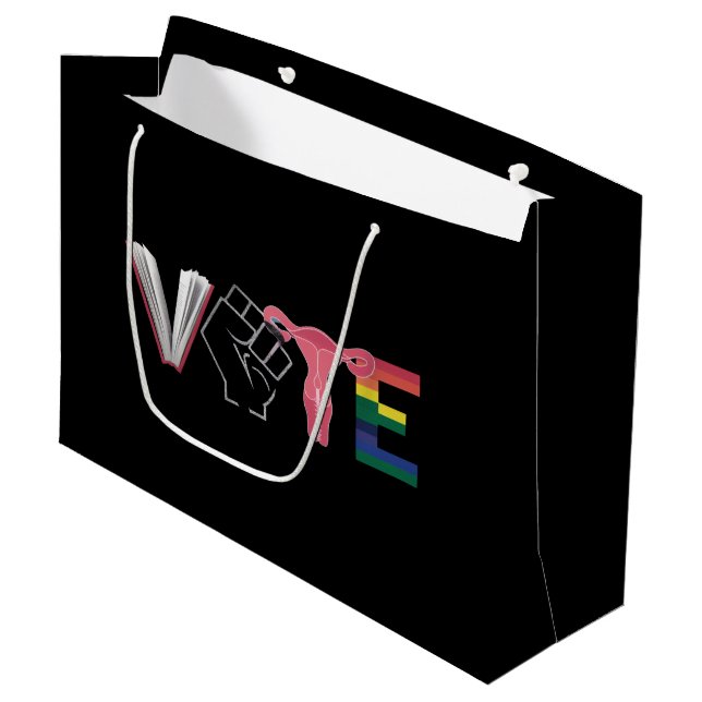 Vote Feminist Women's Rights Banned Books LGBTQ Large Gift Bag (Front Angled)