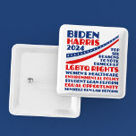 Vote for Biden Harris 2024 Election Platform 15 Cm Square Badge<br><div class="desc">Vote for Joe Biden and Kamala Harris for president and VP in the 2024 presidential election to support the democratic party platform. This political button shows a list of six reasons: LGBTQ rights, women's healthcare, environmental policy, student loan reform, equal opportunity for minorities and women, sensible gun laws, and other...</div>