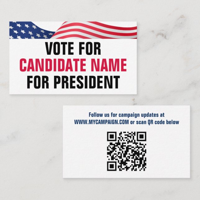 Vote For Candidate American Flag Patriotic QR Code Business Card (Front/Back)