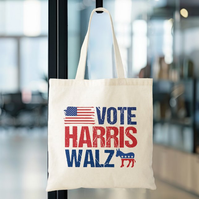 Vote Harris Walz Democrat Donkey American Flag Tote Bag (Creator Uploaded)
