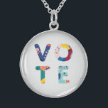 Vote Modern Floral Pattern Multicolored Political Sterling Silver Necklace<br><div class="desc">Get out the vote this election year with this gorgeous and fun necklace! The letters in the word "vote" are made up of an abstract modern,  floral pattern in shades of blue,  green,  yellow,  pink,  and orange. Makes a wonderful gift for the activist,  politico or student in your life.</div>