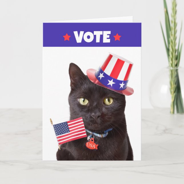 Vote Patriotic Cat With Flag and Hat Humour Holiday Card (Front)