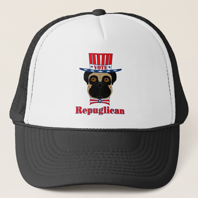 Vote rePUGlican Funny Pug in Red White Blue Hat (Front)