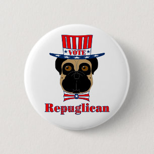 Vote rePUGlican Funny Pug in Red White Blue Hat 6 Cm Round Badge