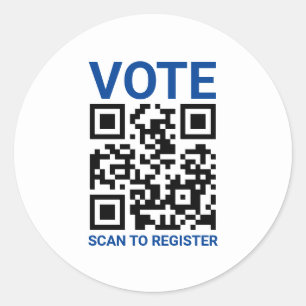 Vote Scan QR Code to register custom blue white Classic Round Sticker