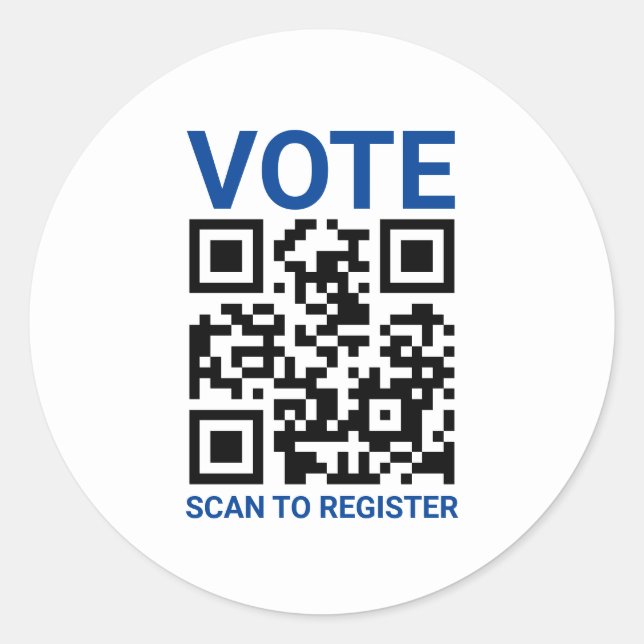Vote Scan QR Code to register custom blue white Classic Round Sticker (Front)