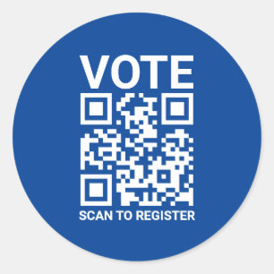 Vote Scan QR Code to register custom text blue Classic Round Sticker