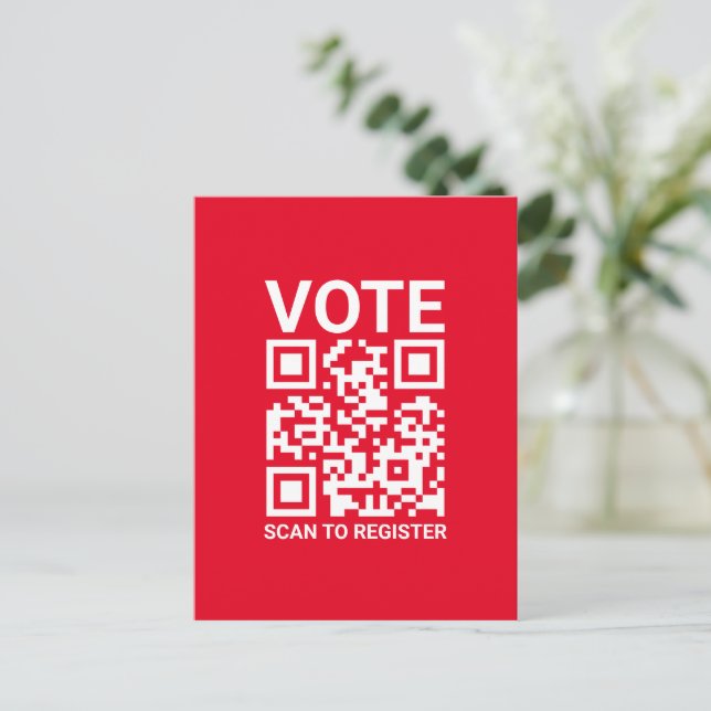 Vote Scan QR Code to register custom text red Postcard (Standing Front)