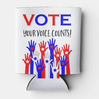 Vote! Your voice counts! Patriotic hands stars Can Cooler