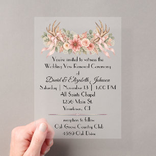 Vow Renewal Autumn Deer Antlers and Pink Roses Acrylic Invitations
