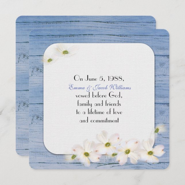 vow renewal- blue wood with soft floral bouquet invitation (Front/Back)