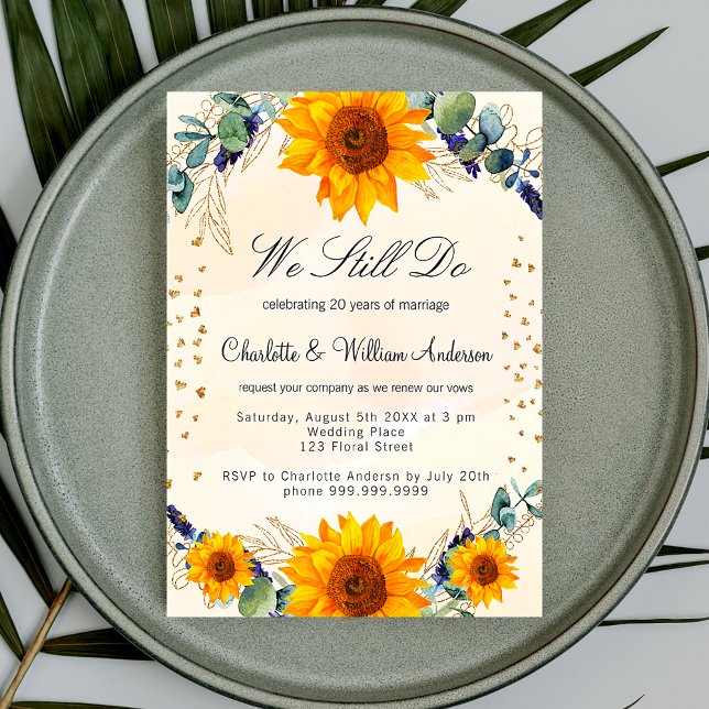 Vow renewal sunflowers eucalyptus gold hearts invitation (Creator Uploaded)