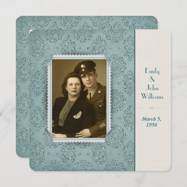vow renewal vintage glitter damask photo frame invitation (Front/Back)