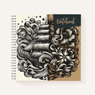 Voyage of Petals – Linocut Ship in Floral Storm Notebook