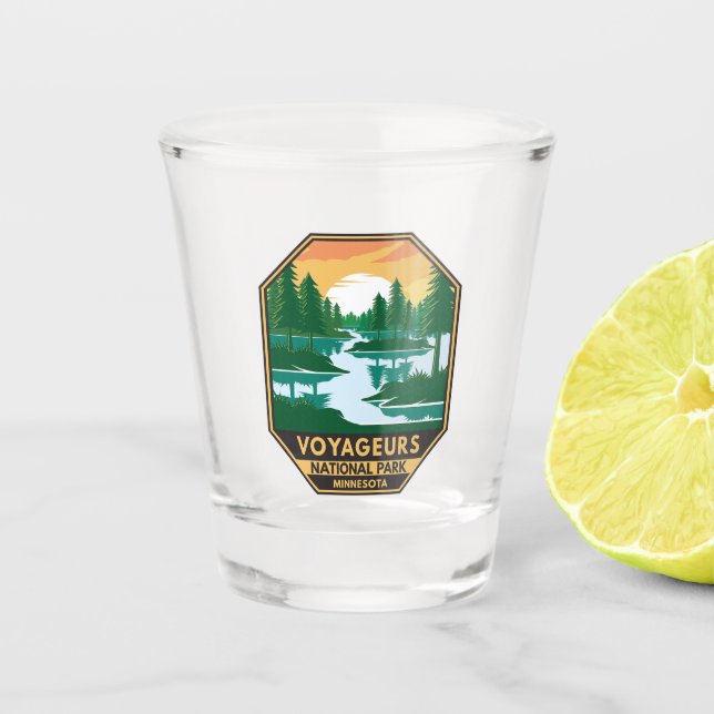 Voyageurs National Park Minnesota Sunset Emblem Shot Glass (Front)