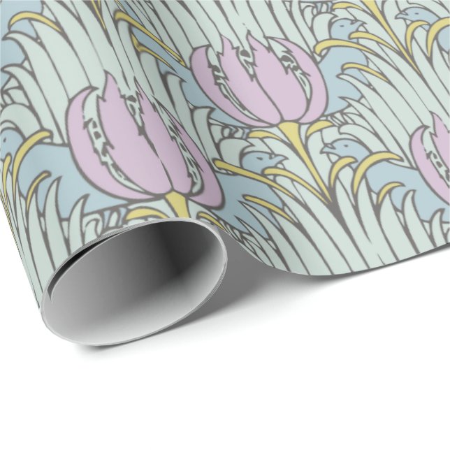 Voysey Bird and Tulip Pattern Arts and Crafts Wrapping Paper (Roll Corner)