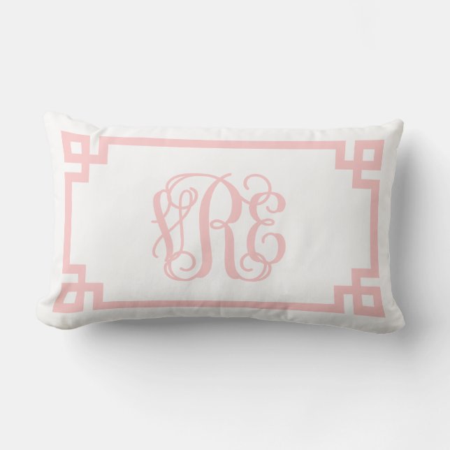 VRE Light Pink Greek Key Script Monogram Lumbar Cushion (Front)