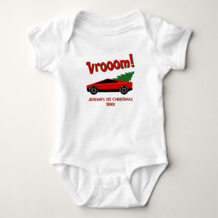 Vroom! Red Tesla truck with a Christmas tree cute  Baby Bodysuit