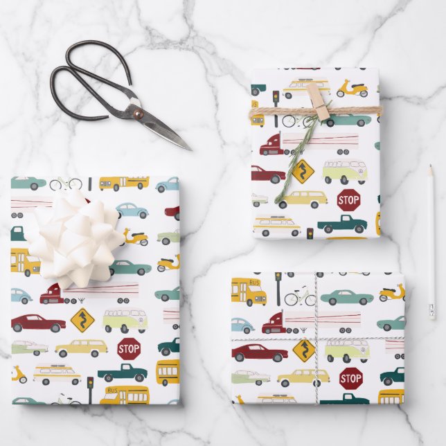 Vroom! Traffic Pattern Cars Trucks Bus Bike Bday Wrapping Paper Sheet (Front)