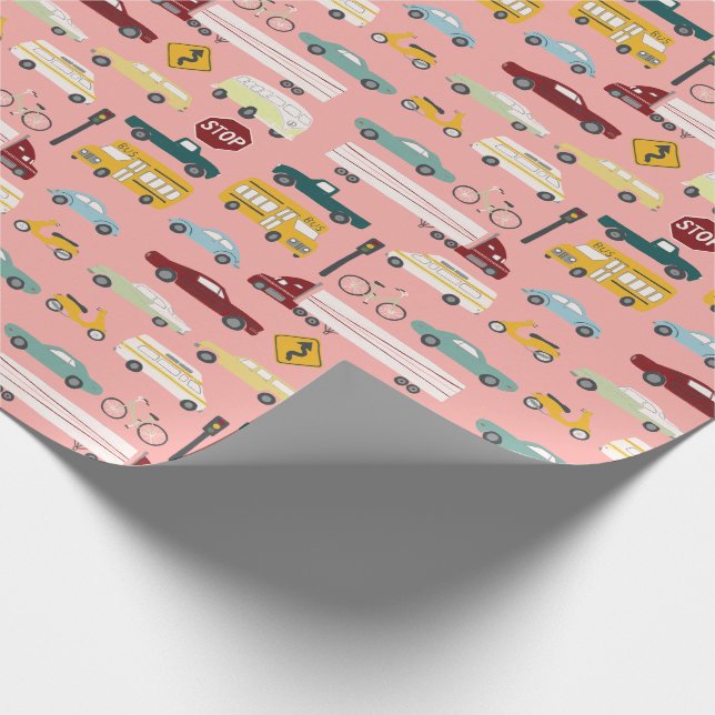 Vroom! Traffic Pattern Cars Trucks Bus Bike pink Wrapping Paper (Corner)