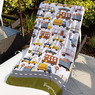 Vroom! Vroom! Car and Transportation Pattern Boy Beach Towel