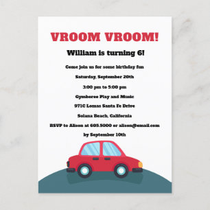 Vroom Vroom Cars Birthday Party Invitation Postcard