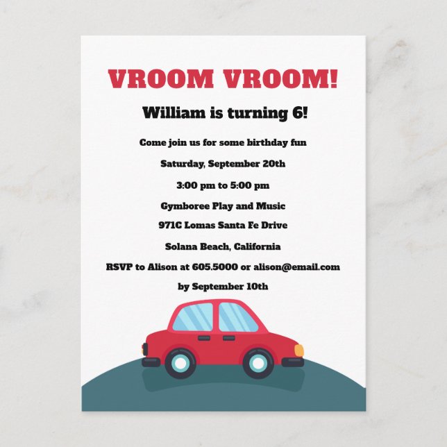 Vroom Vroom Cars Birthday Party Invitation Postcard (Front)
