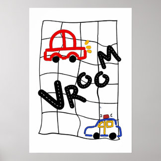 Vroom Vroom! Colourful Hand-Drawn Car & Police Car Poster