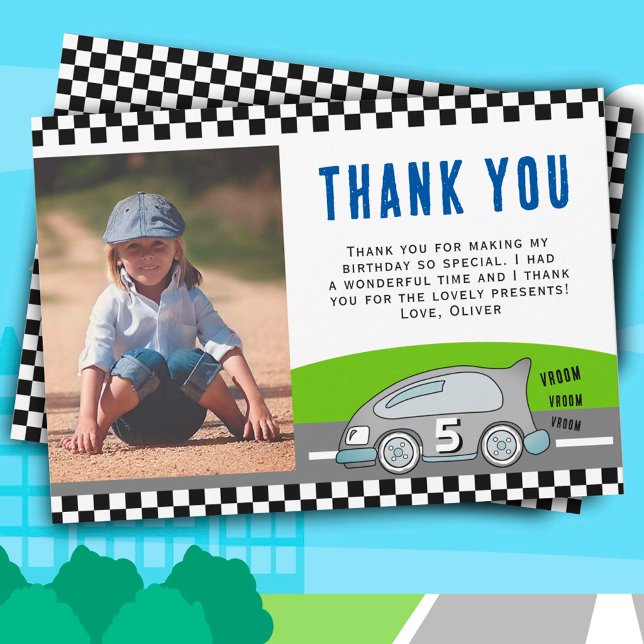 Vroom Vroom Racing Car Road Boy Photo Birthday Thank You Card (Creator Uploaded)