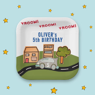 Vroom Vroom Racing Car Road House Boy Birthday Paper Plate