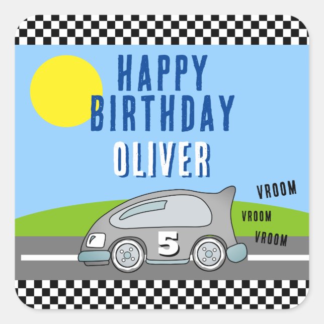 Vroom Vroom Racing Car Road Name Happy Birthday  Square Sticker (Front)