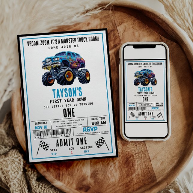Vroom Zoom Monster Truck Boom | 1st Birthday Party Invitation (Creator Uploaded)