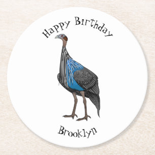 Vulturine guineafowl bird cartoon illustration round paper coaster