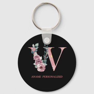 W Floral Monogram Name Letters Pink Agate Keychain