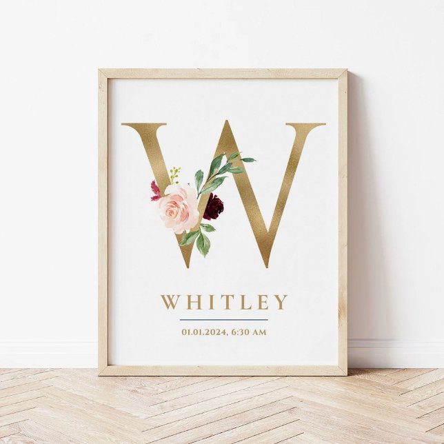 W Letter Monogram Name Marsala Floral Nursery Poster (Creator Uploaded)