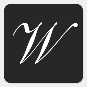 W Monogram Initial White on Black Square Sticker
