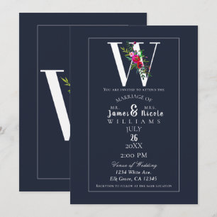 W Monogram Last Initial Modern Blue Floral Wedding Invitation