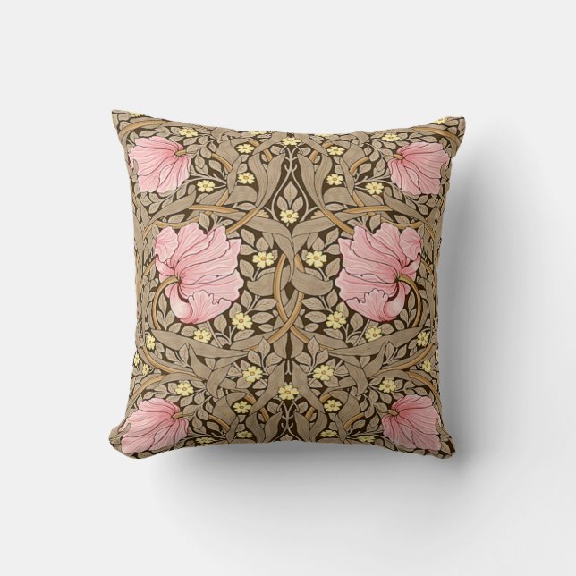 W Morris Pimpernel Pattern in Pink & Sepia Cushion (Front)