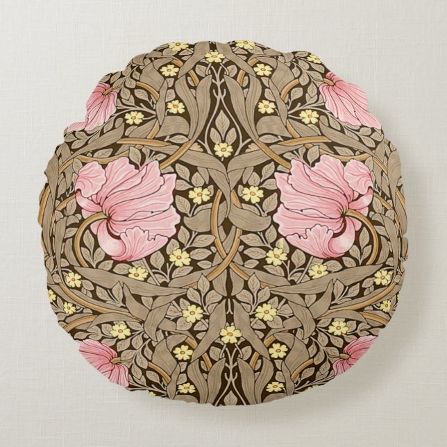 W Morris Pimpernel Pattern in Pink & Sepia Round Cushion (Front)