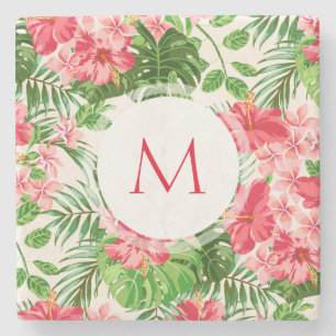 W Personalised Hibiscus Flower Monogram Stone C Coaster