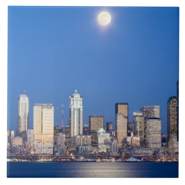 WA, Seattle, Seattle skyline and Elliott Bay 3 Tile (Front)