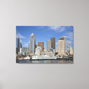 WA, Seattle, Seattle skyline with ferry boat Canvas Print