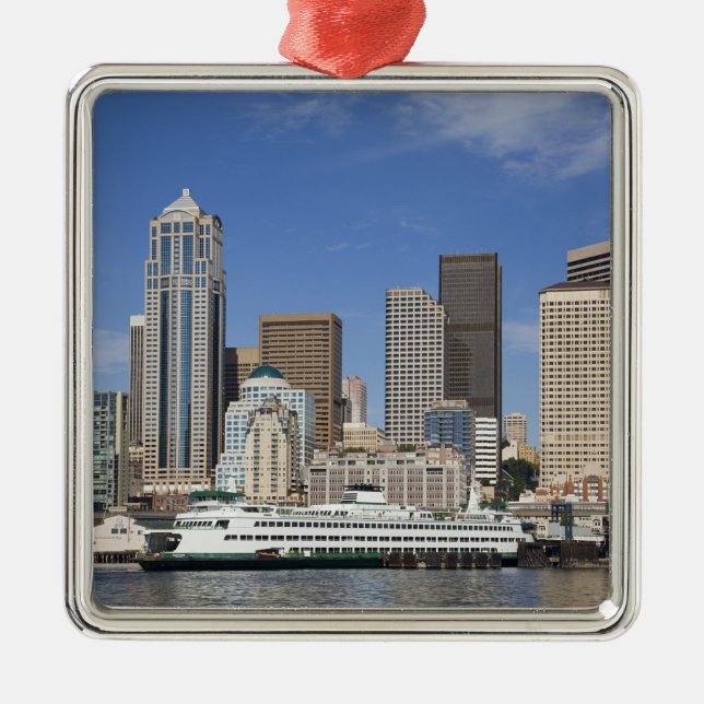 WA, Seattle, Seattle skyline with ferry boat Metal Tree Decoration (Front)