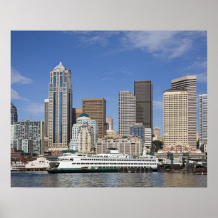 WA, Seattle, Seattle skyline with ferry boat Poster