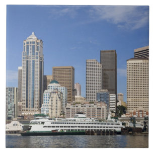 WA, Seattle, Seattle skyline with ferry boat Tile